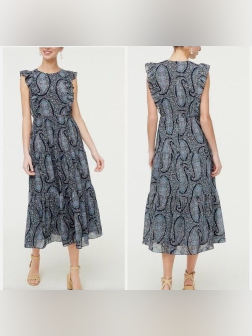 J. Crew Factory Paisley Midi Dress Tiered Ruffle Sleeveless Blue Green Size 10